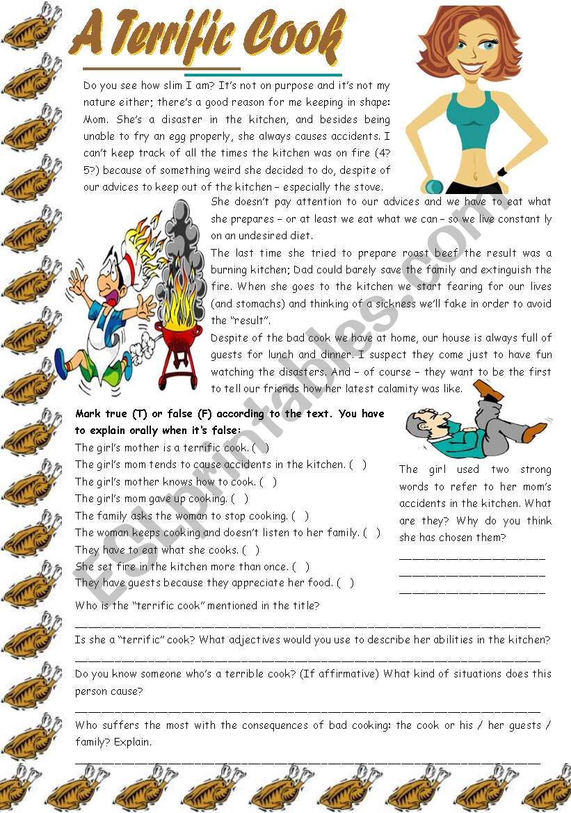 A terrific cook  reading comprehension + grammar (-ing after expressions with to have) [7 tasks] KEYS INCLUDED ((3 pages)) ***editable